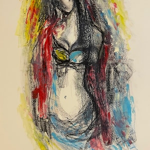 Dibujo Arte Original Ucrania Mujer Joven de Ucrania Colores nacionales ucranianos Pastele Figura femenina Romántico Sensual Azul Amarillo Arte
