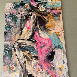 Painting Oryginal Colorful Romanti Abstract Woman Art Female Girl Pink Blue Orange Grey Black White Colors Art Handmade by Natalia Stanova