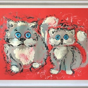 Abstract schilderij CAT turquoise abstract blauw grijs abstract CATS kunst aan de muur 70x50cm handgemaakte Natalia Stanova