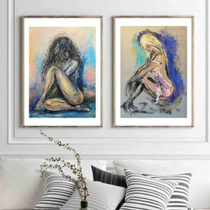 Set of Two Giclee Prints Yellow Blue Violet Colors Art Female Wall  PRINT women female art painting handmade Natalia Stanova