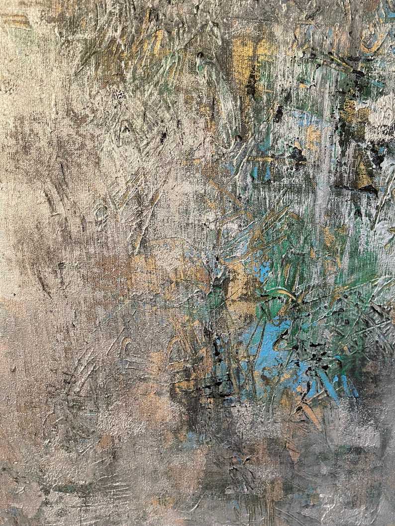 May include: Abstract painting with a textured, layered surface. The painting features shades of gray, blue, green, and gold. The paint is applied in a thick, impasto style, creating a three-dimensional effect.