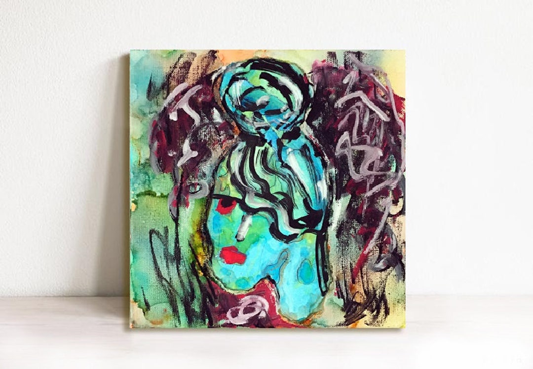 Portrait IZABEL Original Painting Woman Girl Painting Color Blue Red ...