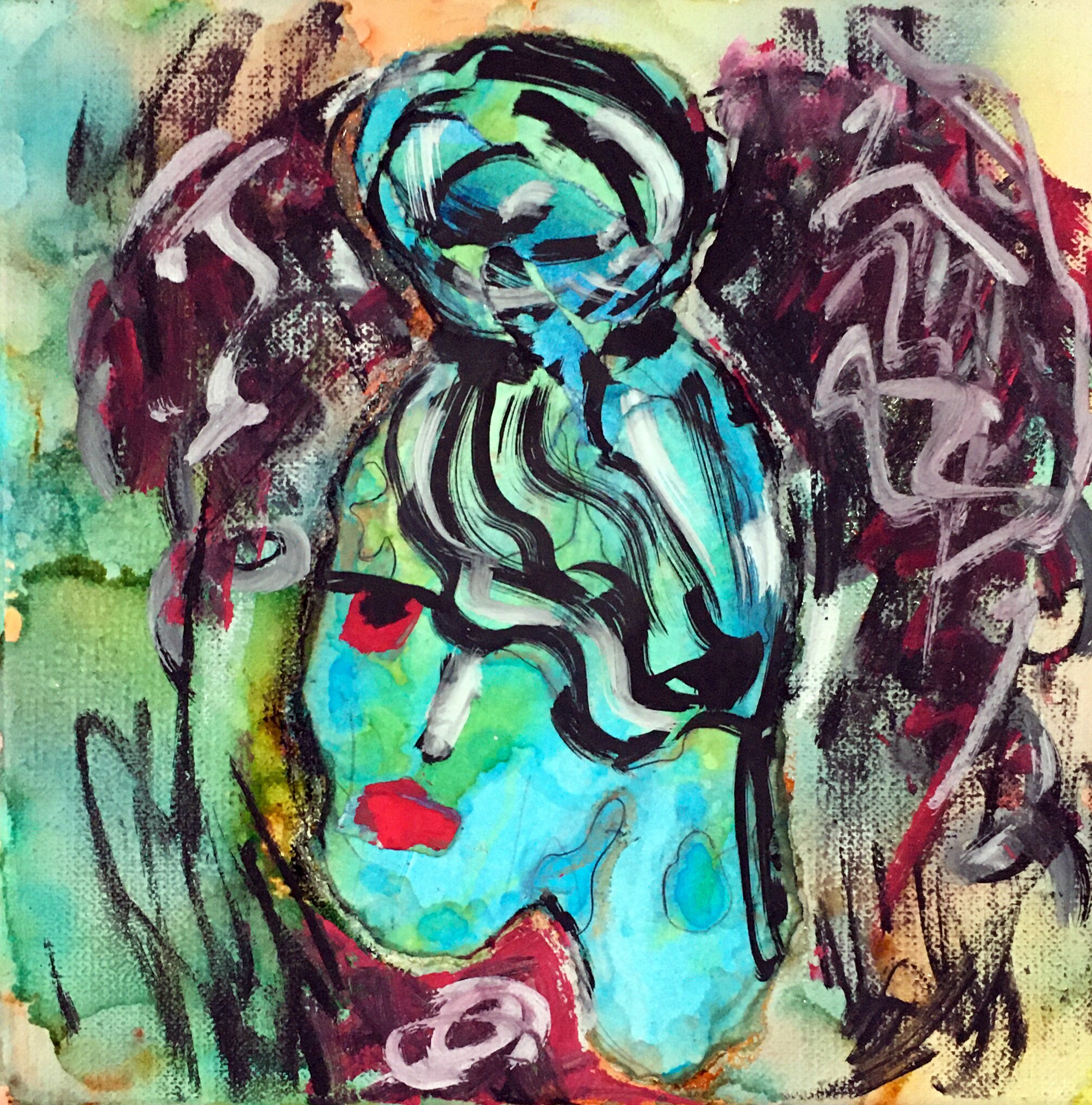 Portrait IZABEL Original Painting Woman Girl Painting Color Blue Red ...