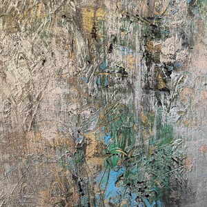 May include: Abstract painting with a textured, layered surface. The colors are primarily gray, white, green, and blue. The paint is applied in a thick, impasto style, creating a sense of depth and dimension.
