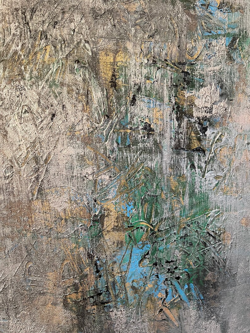 May include: Abstract painting with a textured, layered surface. The colors are primarily gray, white, green, and blue. The paint is applied in a thick, impasto style, creating a sense of depth and dimension.