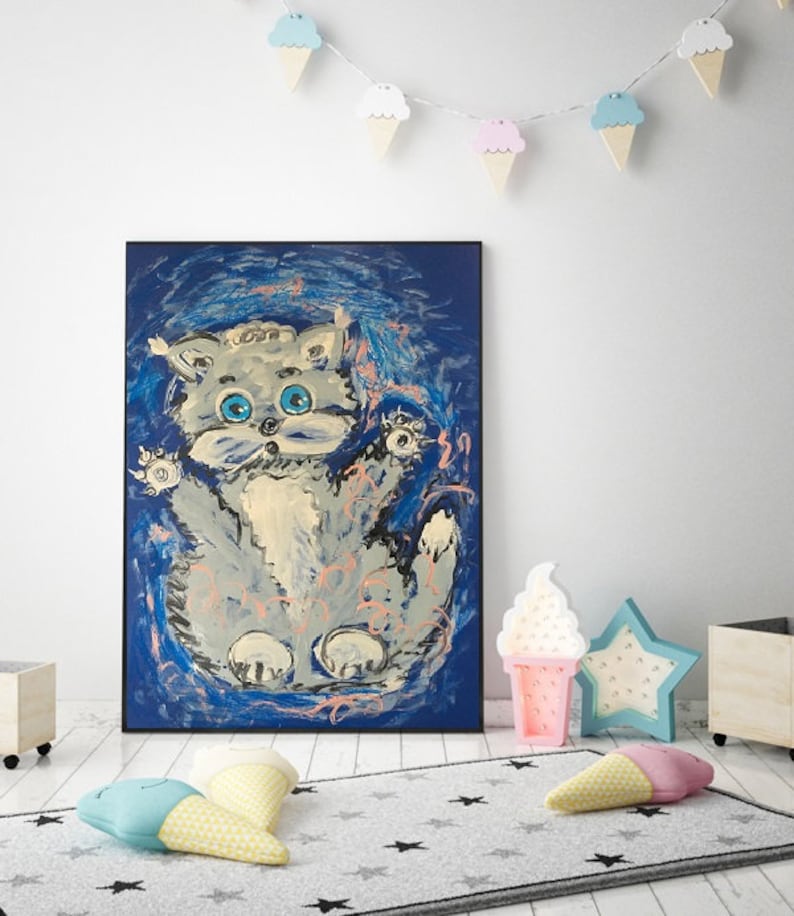 Abstract painting CAT turquoise abstract blue gray abstract CATS wall art 70x50cm handmade Natalia Stanova