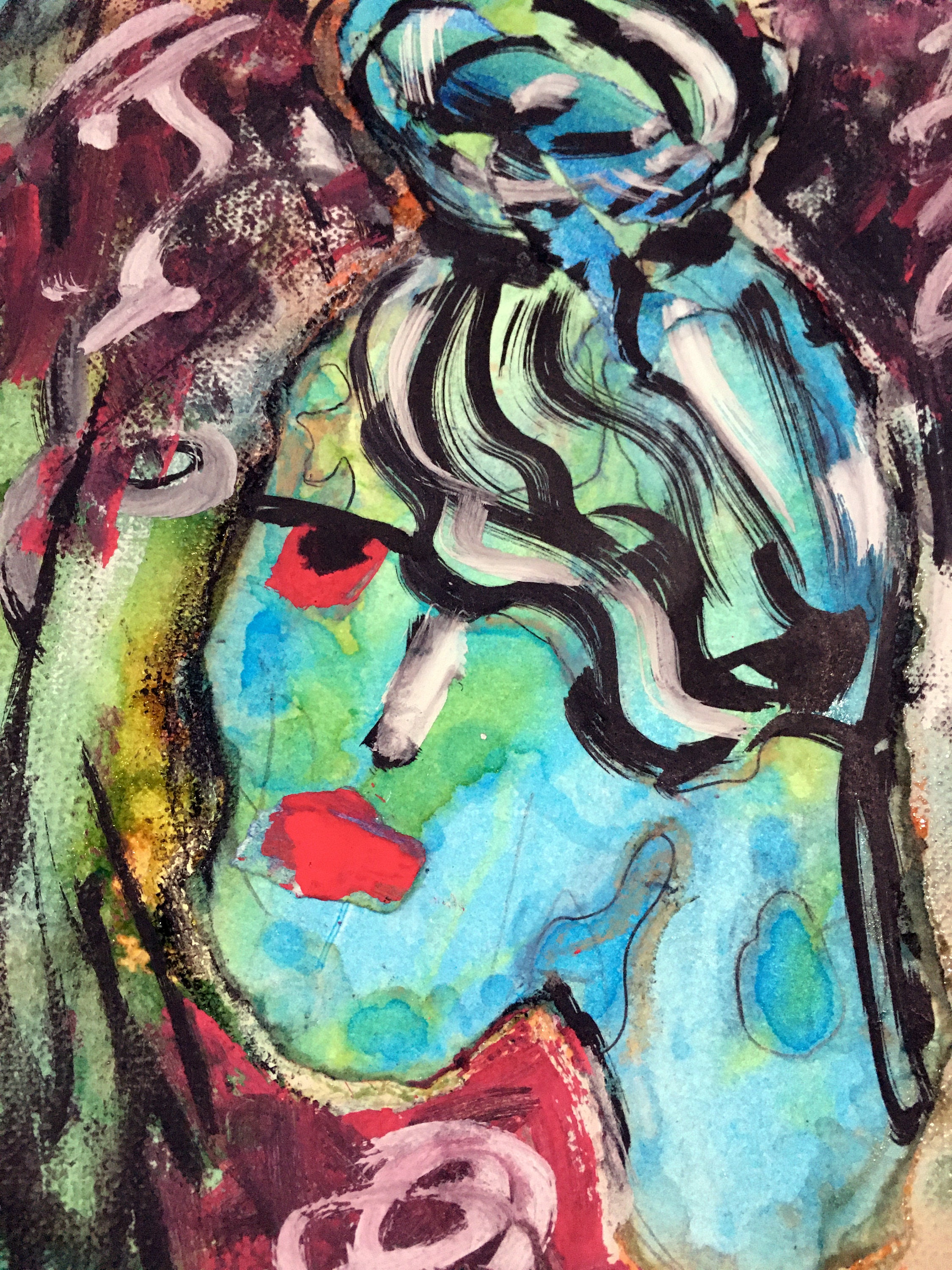 Portrait IZABEL Original Painting Woman Girl Painting Color Blue Red ...