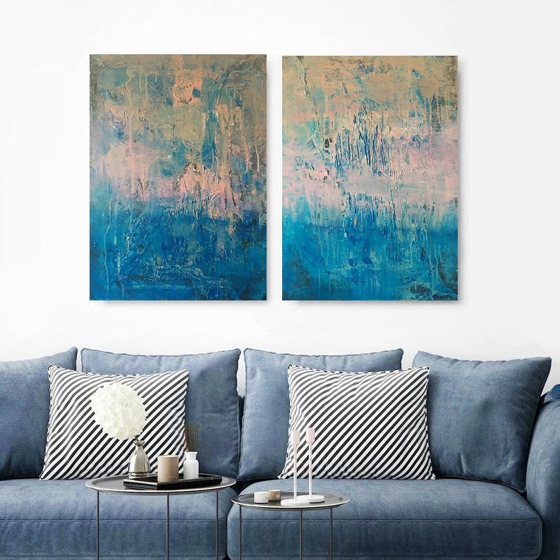 抽象画 2点セット 100x70 オリジナル ブルーカラー 大型アクリル