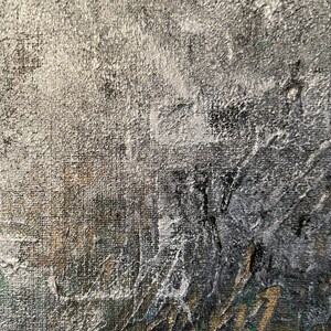 May include: Abstract painting with a textured surface. The painting features a mix of silver, black, and green paint. The paint is applied in a thick, impasto style, creating a three-dimensional effect.