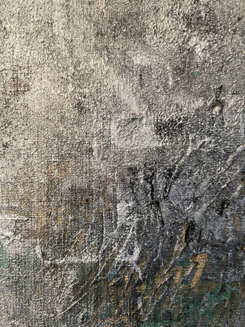May include: Abstract painting with a textured surface. The painting features a mix of silver, black, and green paint. The paint is applied in a thick, impasto style, creating a three-dimensional effect.