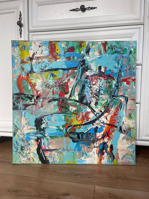 Colorful Abstract Painting, Original Oil Acrylic Canvas, Jackson