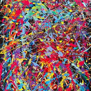 May include: Abstract painting with a black background and a chaotic mix of colorful paint splatters in shades of red, blue, yellow, purple, and green.