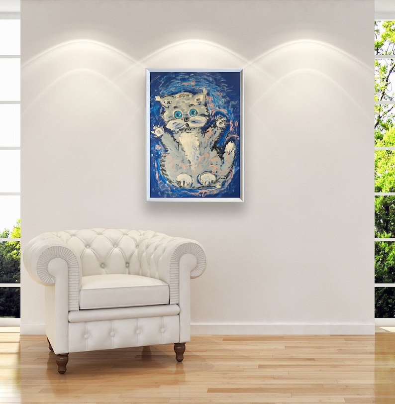 Abstract painting CAT turquoise abstract blue gray abstract CATS wall art 70x50cm handmade Natalia Stanova