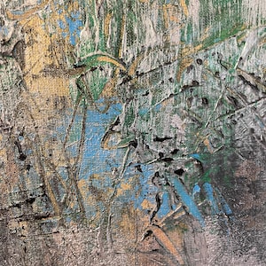 May include: Abstract painting with a textured surface. The painting features shades of green, blue, gold, and black.