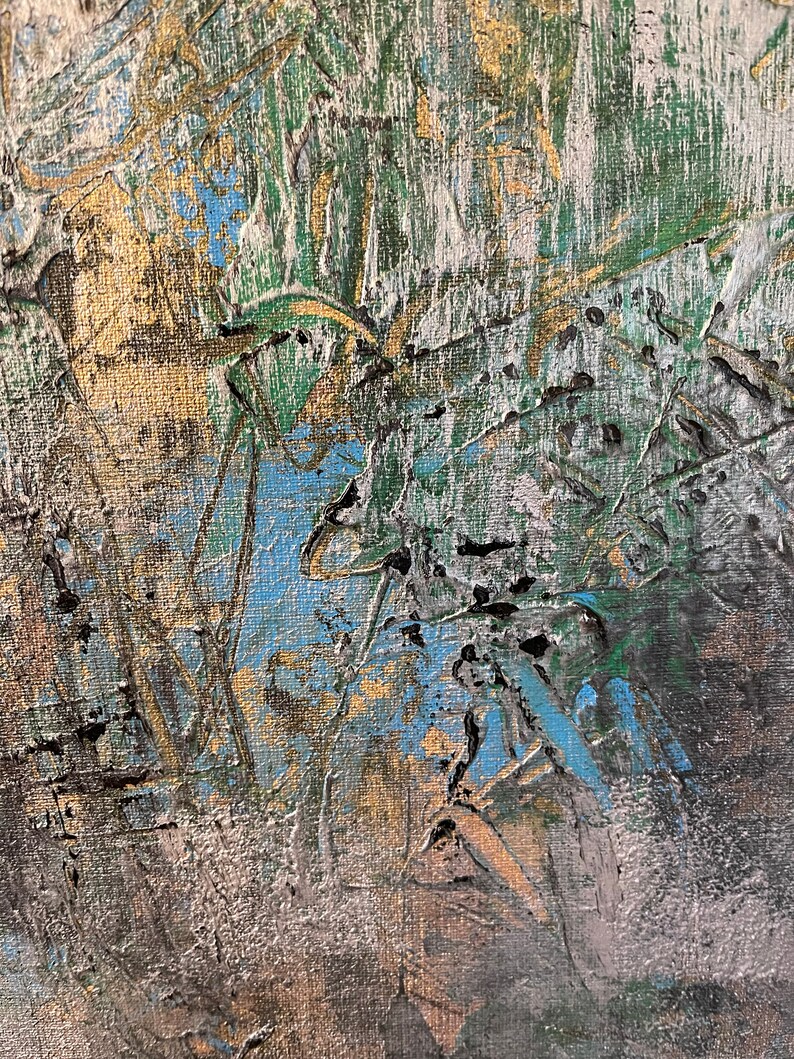 May include: Abstract painting with a textured surface. The painting features shades of green, blue, gold, and black.