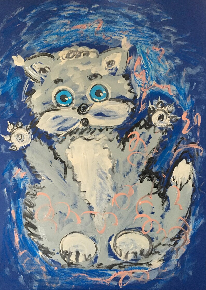 Abstract painting CAT turquoise abstract blue gray abstract CATS wall art 70x50cm handmade Natalia Stanova