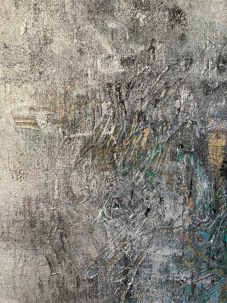 May include: Abstract painting with a textured surface. The painting features shades of gray, white, and gold with hints of green and blue.