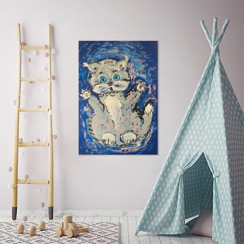 Abstract painting CAT turquoise abstract blue gray abstract CATS wall art 70x50cm handmade Natalia Stanova