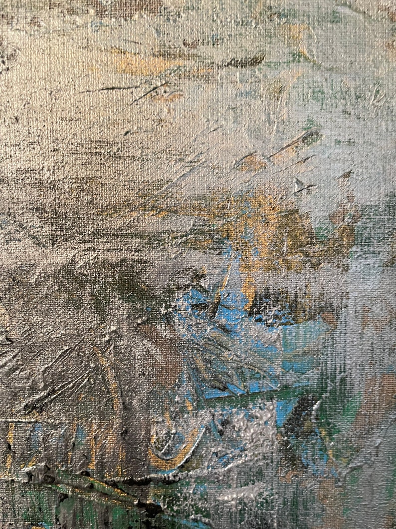 May include: Abstract painting with textured brushstrokes in shades of silver, blue, green, and gold.