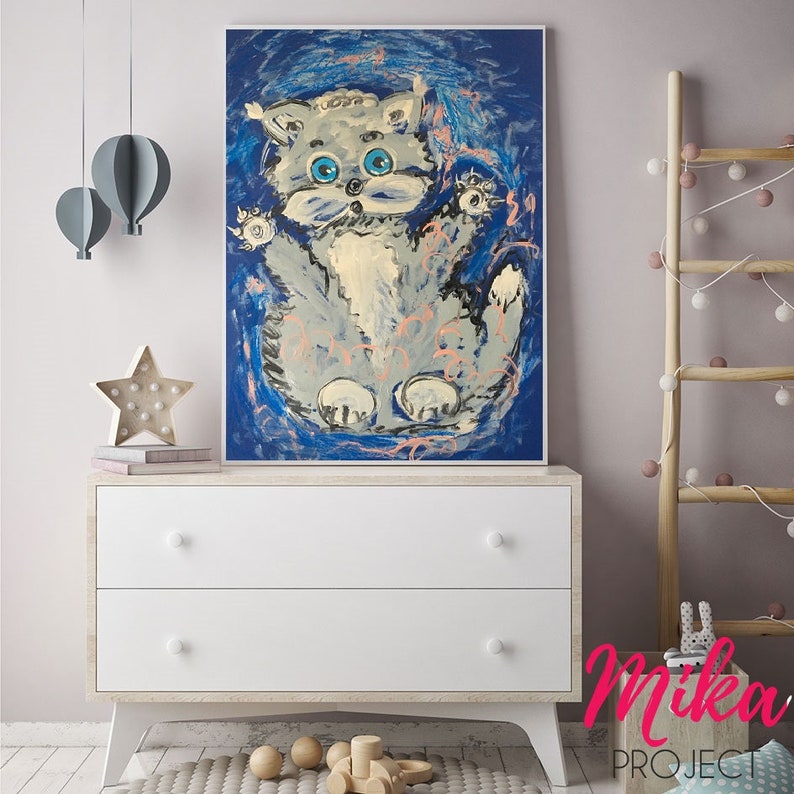 Abstract painting CAT turquoise abstract blue gray abstract CATS wall art 70x50cm handmade Natalia Stanova