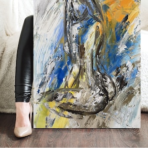 Painting Figure Romantic Sensual Abstract Body Painting Gift Wall Art Women Blue Orange Decor Female Painting handmade by Natalia Stanova