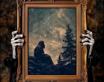 Sasquatch At Night Art Print: Vintage Bigfoot Poster, Cottage Core, Mystic Art, Dark Academia