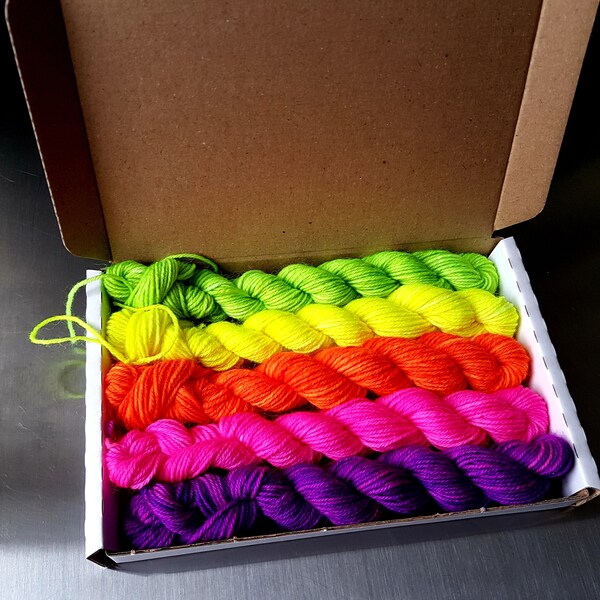 Wee Box of Yarn - UV Reactive Fluo Neon Sock Yarn 5 x 10g Micro Skeins Letterbox Friendly