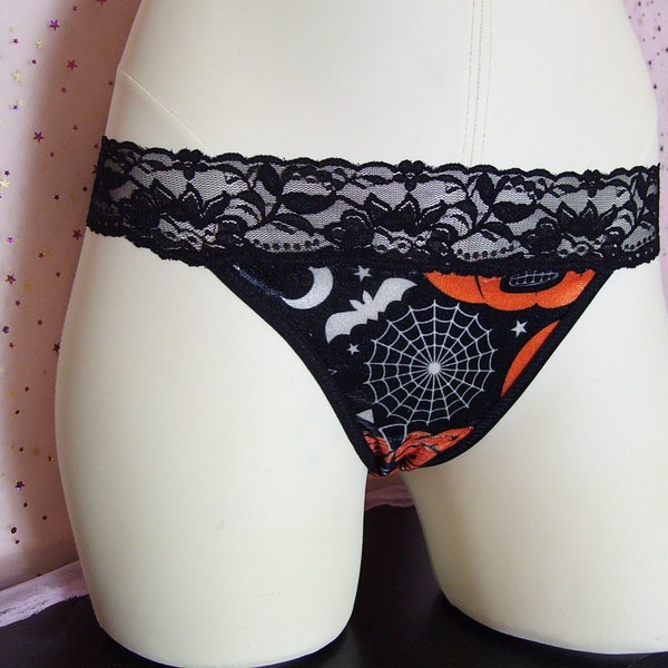 Velour Spider and Bats Lace Thong Panty Made to Order S M L XL XXL Spooky Goth