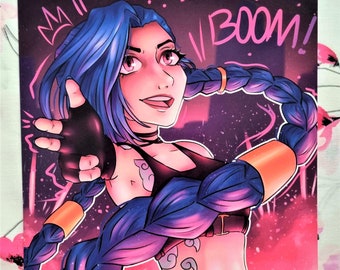 May include: Square print featuring a stylized illustration of a character with blue hair and the word "BOOM!" in pink. The character is wearing a black top and has orange accents. The background is a dark purple with pink accents.