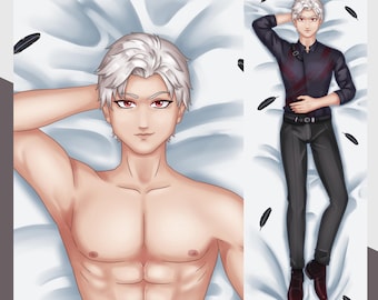 May include: Body pillow featuring a digitally drawn anime-style character with white hair and red eyes. The character is depicted shirtless on one side and wearing a black shirt and pants on the other. Black feather accents are scattered around the character.