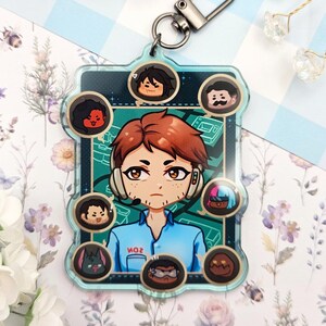 Pode incluir: Um chaveiro de acr&iacute;lico transparente com um personagem de desenho animado com cabelo ruivo e um fone de ouvido, rodeado por retratos de personagens menores. O chaveiro tem um fecho prateado e o texto "MOR" &eacute; vis&iacute;vel na camisa do personagem. O fundo &eacute; um padr&atilde;o floral.