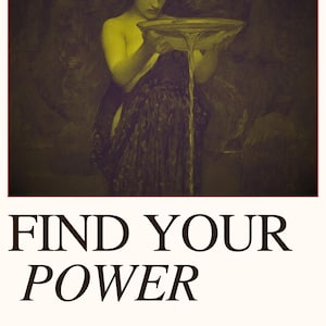 Puede incluir: Portada de libro con una ilustración vintage de una mujer sosteniendo un cuenco, con líquido vertiéndose de él. El texto "FIND YOUR POWER" se muestra de forma destacada, con "A GUIDE TO FINDING YOUR INNER WITCH" arriba. The Ritual Kitchen está listado abajo.