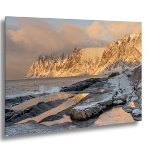 Impresión de paisaje de Senja, Noruega, fotografía de reflejo de montaña, arte mural de la costa ártica, fotografía de naturaleza nórdica