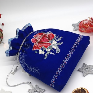 Königsblauer Leinen Beutel - Rote Rose - Kordelzug Tasche für Geschenke - Geschenkesack - 31cm x 33cm