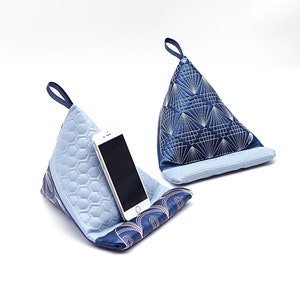 Tablet Pillow, Book Holder, Soft Eco Leather in Dark & Light Blue, Japanese Sashiko Quilt, I-Pad Holder, 19 x 19 x 27cm