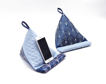 Tablet Pillow, Book Holder, Soft Eco Leather in Dark & Light Blue, Japanese Sashiko Quilt, I-Pad Holder, 19 x 19 x 27cm