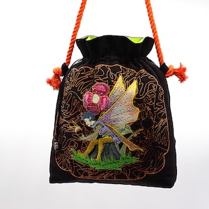 Borsa ricamata in lino trapuntato - Borsa Project con coulisse - Elf Magic Embroidery / Magic - Tarot Toiletry Bag, 28x 32 cm