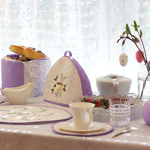 Thé pourpre thé set, théière de couverture brodée, décoration de table élégante, tee party cadeau, Shabby Chic sous-set