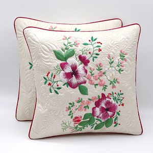Embroidered Dupion Silk - Quilt Pillow - Flower Embroidery -  Pillowcase - decorative Cushion Cover - Ecru-White, 39 x 39 cm