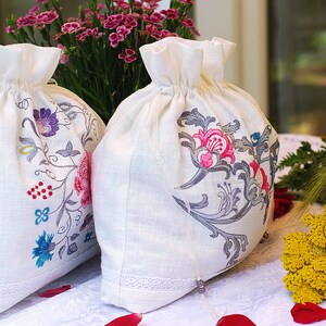 Embroidered Drawstring Pouch / Project Bag for Wool, Bread, Herbs Garden Flowers Embroidery Make Up Bag image 4