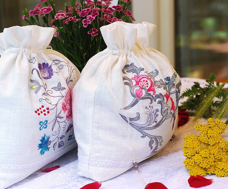 Embroidered Drawstring Pouch / Project Bag for Wool, Bread, Herbs Garden Flowers Embroidery Make Up Bag image 4