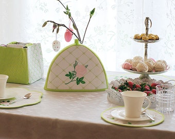 Spring Green Tea Set, Embrodiered Teapot Warmer, Elegant Table Decor - Tea Party Gift, Shabby Chic Table Coaster