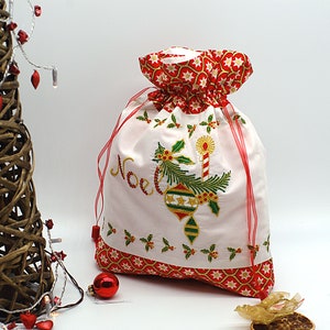 Noel - Weiß-Roter Beutel - Bestickte Kordelzug Tasche für Weihnachtsgeschenke, Spielzeug - 25cm x 34cm