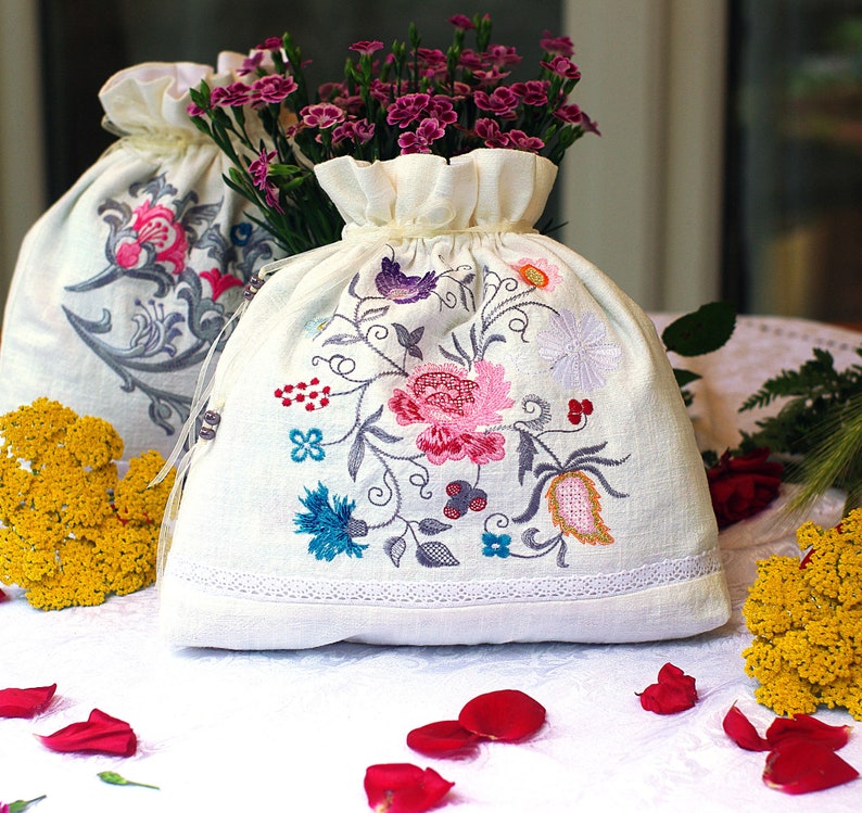 Embroidered Drawstring Pouch / Project Bag for Wool, Bread, Herbs Garden Flowers Embroidery Make Up Bag image 1