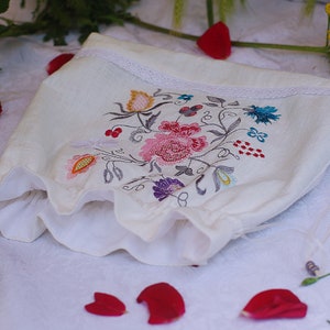 Embroidered Drawstring Pouch / Project Bag for Wool, Bread, Herbs Garden Flowers Embroidery Make Up Bag image 3