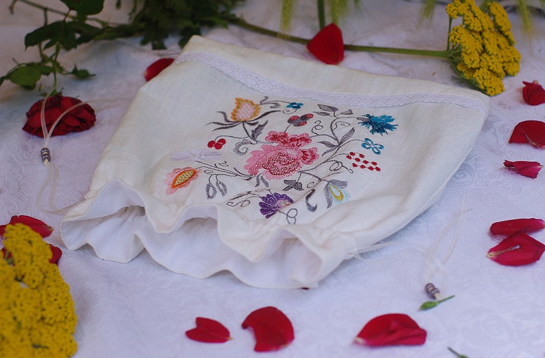 Embroidered Drawstring Pouch / Project Bag for Wool, Bread, Herbs Garden Flowers Embroidery Make Up Bag image 3