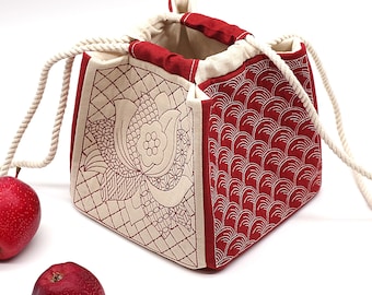 Red-White Japanese Drawstring Pouch - Komebukuro - Sashiko Quilt Traditional Embroidery, Sakura, Lotus Flower, Kinchaku Bento Bag - 20x20cm