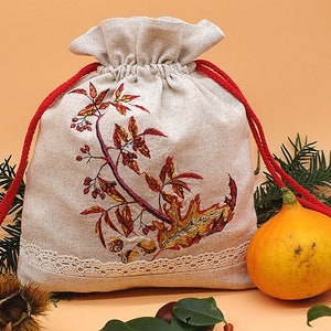 Flaming Autumn Leaves Linen Bag - Drawstring Pouch - for Projects, Herbs - Barberry Embroidery
