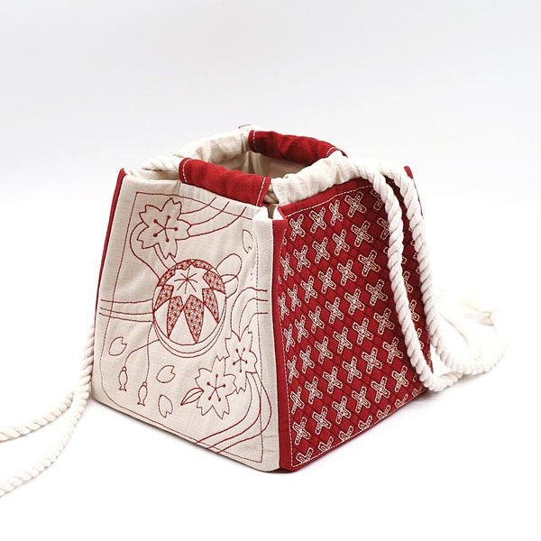 Bolsa de cordón sashiko beige carmín - Komebukuro - Temari y linternas, bordado japonés, bolsa kinchaku, lino, 20 x 20 cm