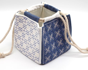 Indigoblue Japanese Drawstring Pouch - Maritime Komebukuro - Sashiko Quilt Traditional Embroidery, Kinchaku Bento Bag 20x20cm